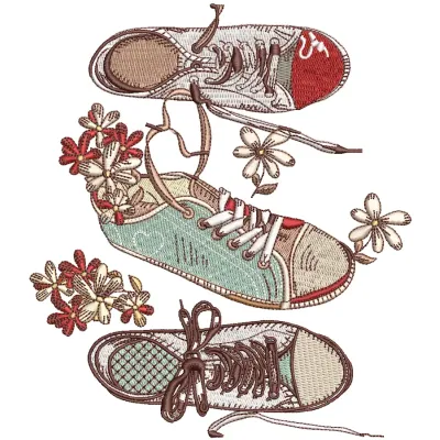 Gumshoes embroidery design featuring playful sneakers, perfect for spring-themed projects like tote bags or t-shirts