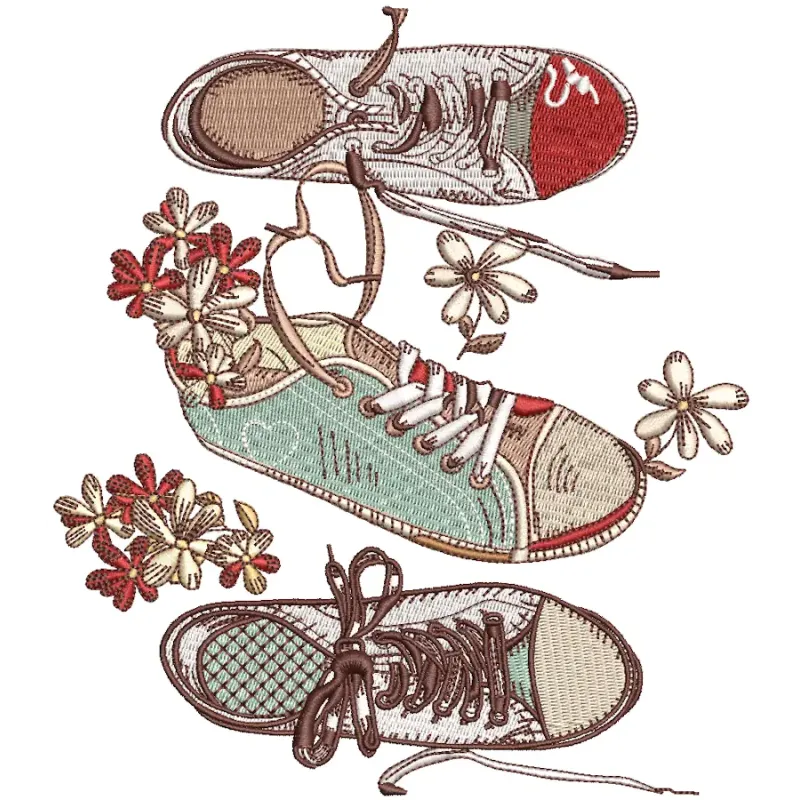 Gumshoes embroidery design featuring playful sneakers, perfect for spring-themed projects like tote bags or t-shirts
