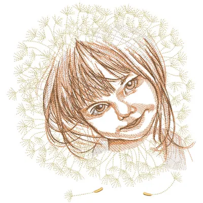 Baby girl wearing a dandelions embroidery design on a soft fabric, surrounded by blooming dandelions.