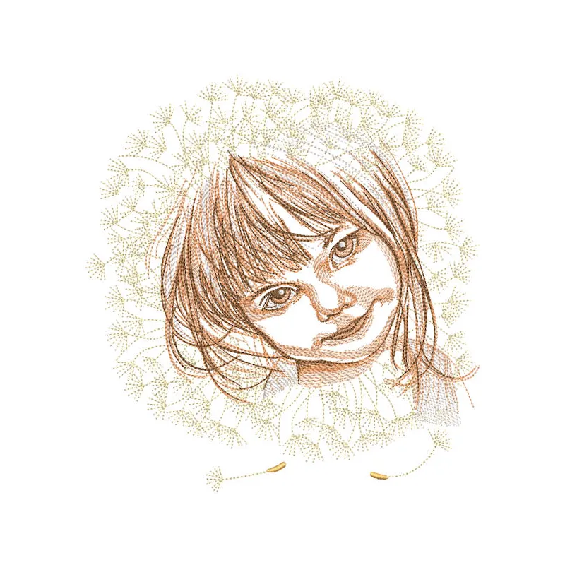 Baby girl wearing a dandelions embroidery design on a soft fabric, surrounded by blooming dandelions.