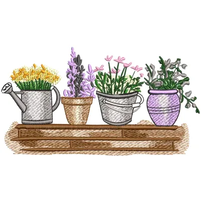Flower pots on the wooden bench embroidery design