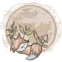 Embroidery design of a sleeping little fox under the moon, showcasing delicate stitching and serene colors.