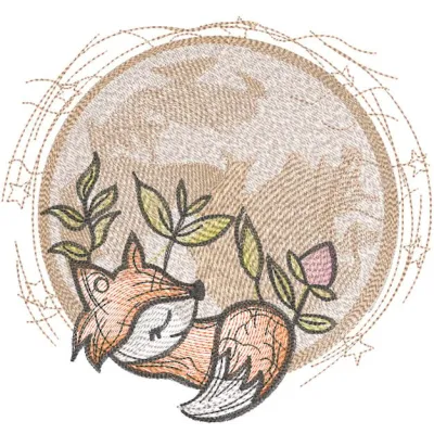 Embroidery design of a sleeping little fox under the moon, showcasing delicate stitching and serene colors.