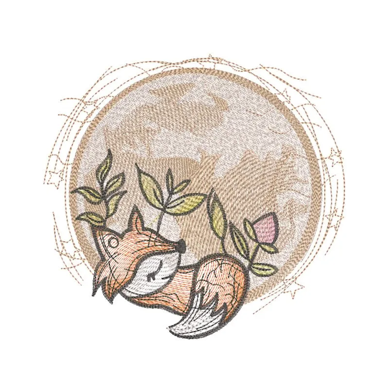 Embroidery design of a sleeping little fox under the moon, showcasing delicate stitching and serene colors.