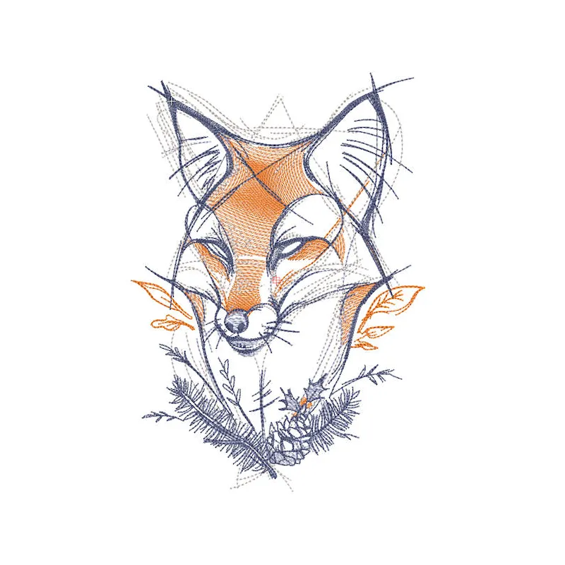 Detailed fox forest sketch embroidery design featuring intricate patterns and vibrant colors.