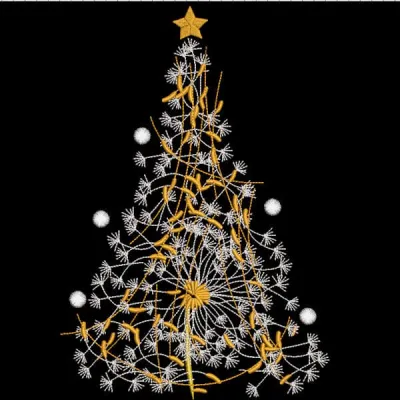 Dandelion Christmas tree embroidery design featuring intricate stitched dandelions on a festive tree shape.
