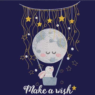 Embroidery design featuring a bunny in a hot air balloon floating in a starry night sky.