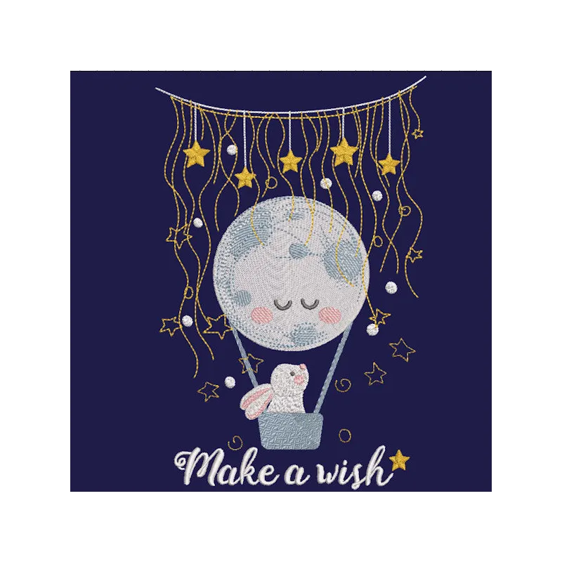 Embroidery design featuring a bunny in a hot air balloon floating in a starry night sky.
