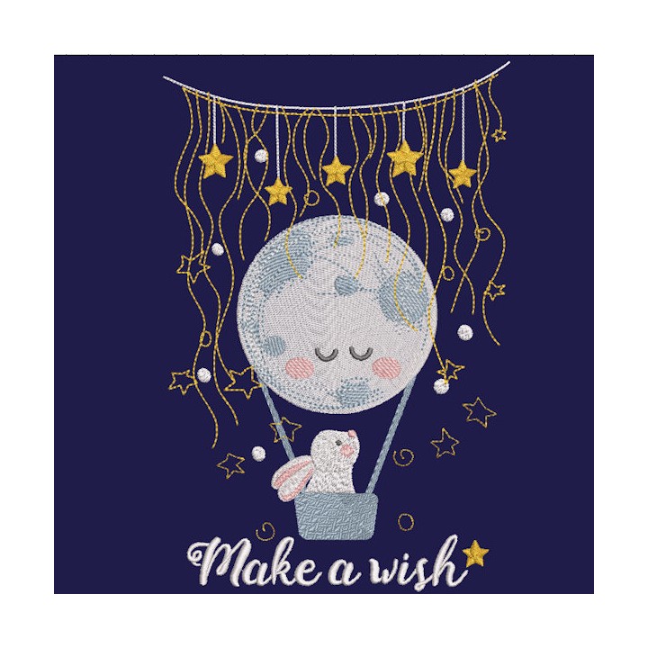 Bunny in a hot air balloon in the night sky embroidery design - Embroidery Design