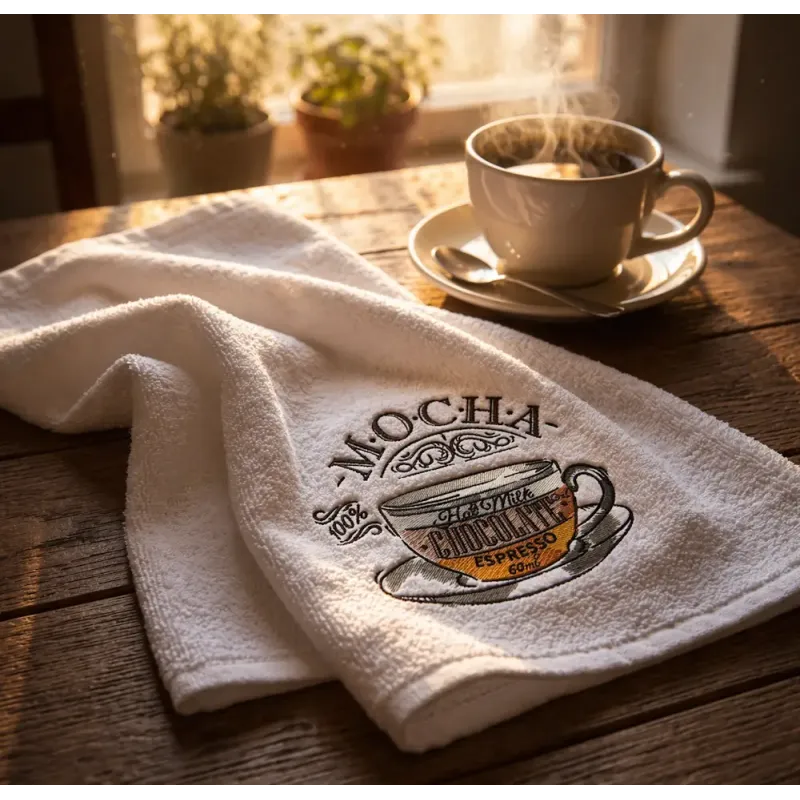 Cup of mocha embroidery design with detailed stitching showing a coffee cup with foam topping