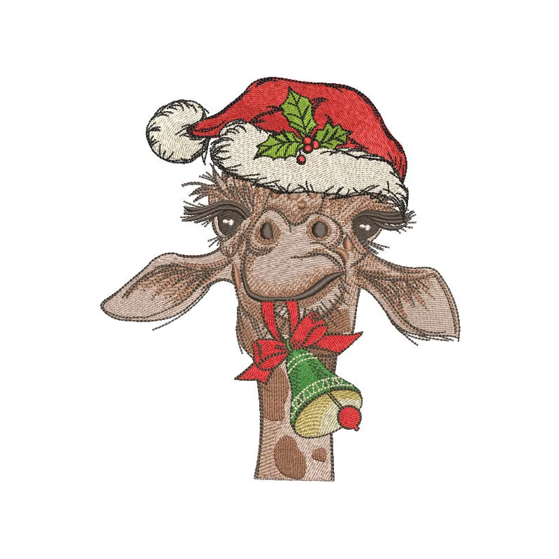 Christmas giraffe with bell embroidery design featuring a festive, colorful giraffe adorned with decorative bells.