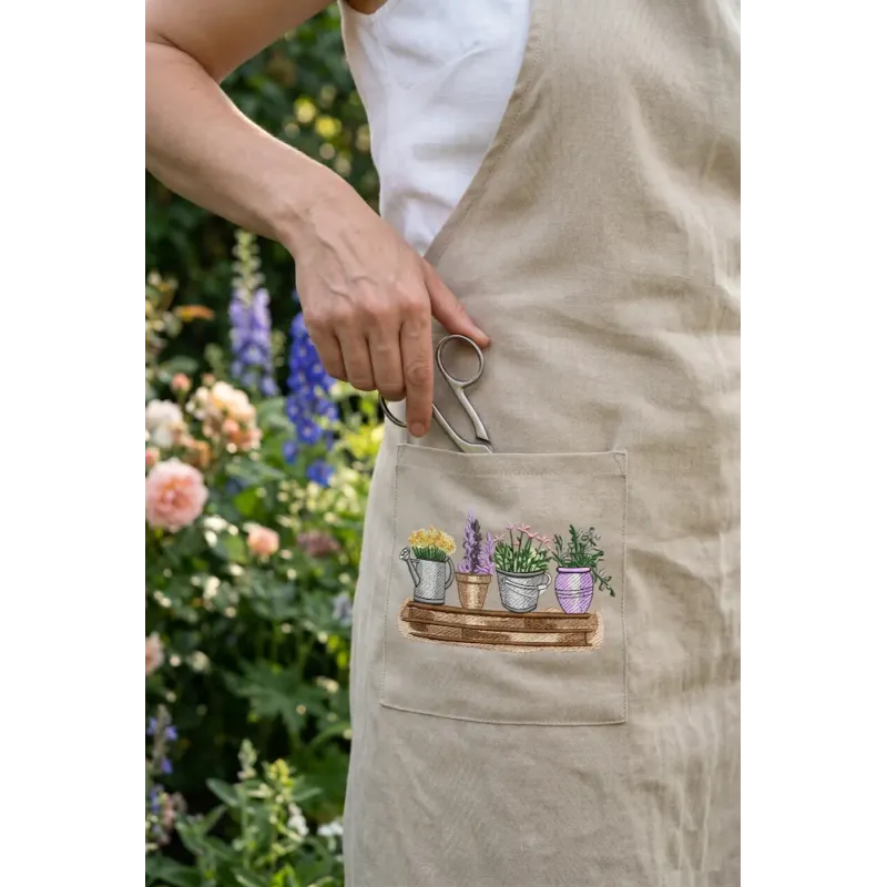 Flower pots on wooden bench embroidery design preview showing detailed stitching pattern