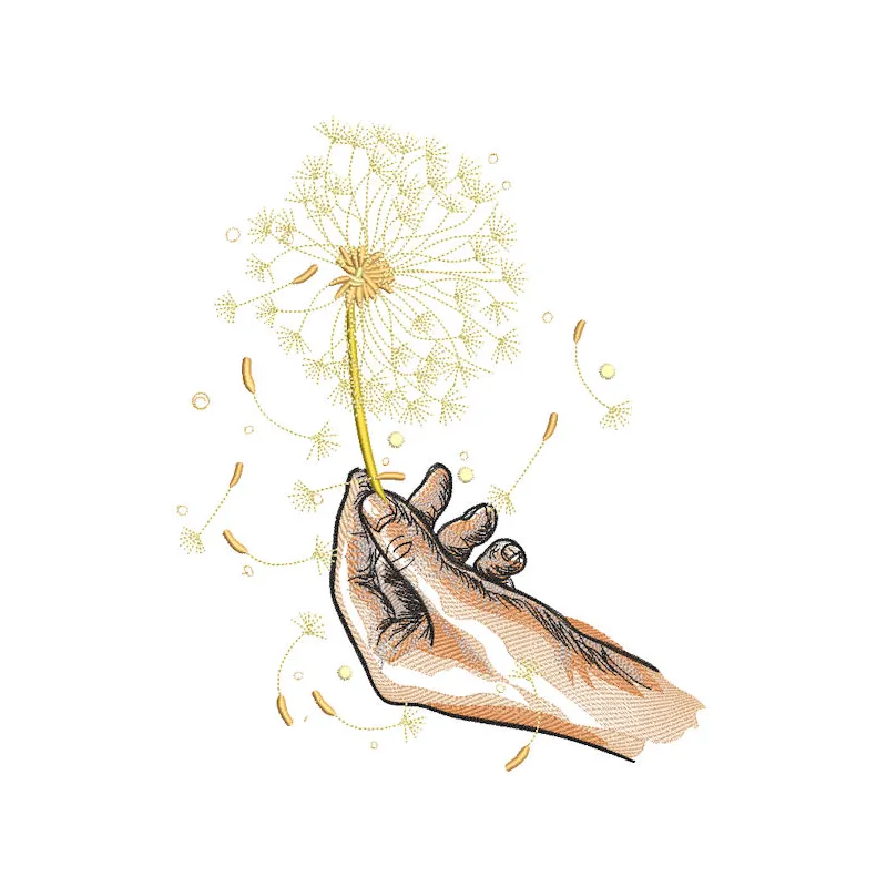 Hand-embroidered dandelion design on fabric, showcasing intricate stitching and seasonal artistry.