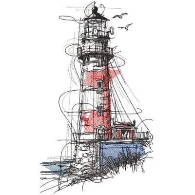 Lighthouse sketch art embroidery design showcasing a detailed nautical theme with intricate stitching.