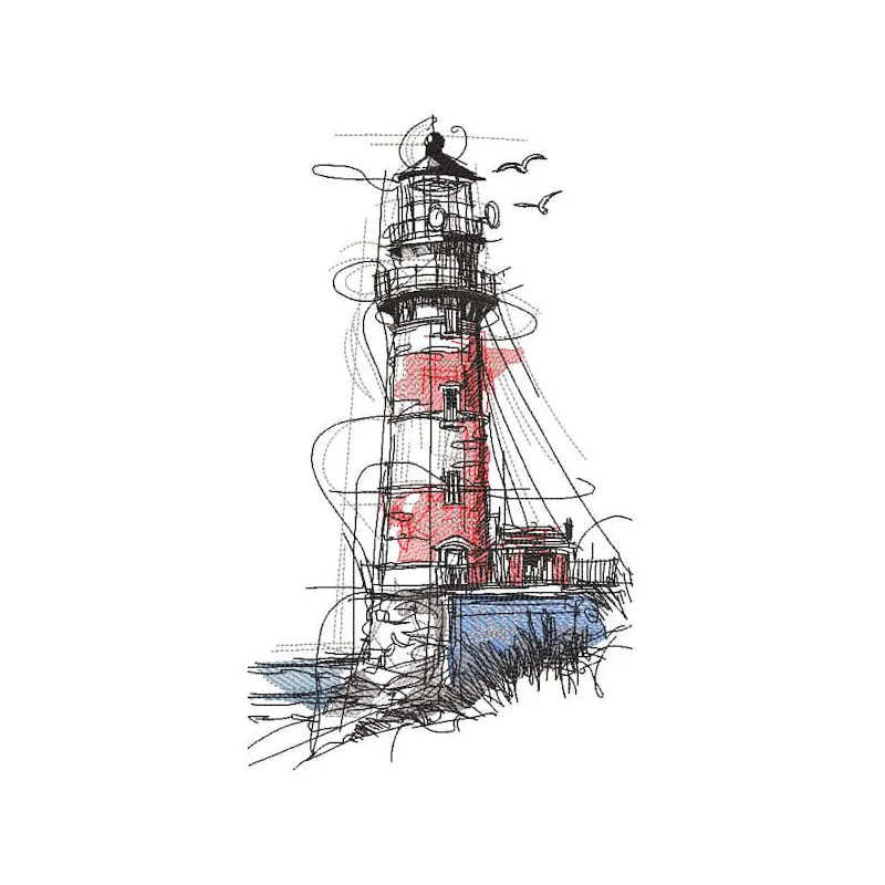 Lighthouse sketch art embroidery design showcasing a detailed nautical theme with intricate stitching.