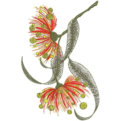 Eucalyptus flowering tree branch embroidery design showcased on fabric, featuring delicate leaves and blooms
