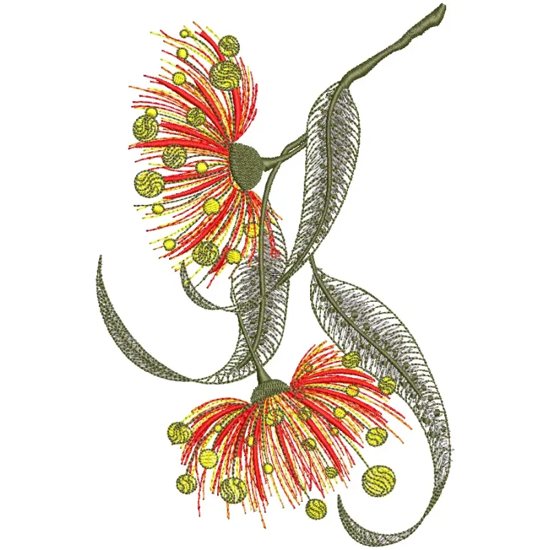 Eucalyptus flowering tree branch embroidery design showcased on fabric, featuring delicate leaves and blooms
