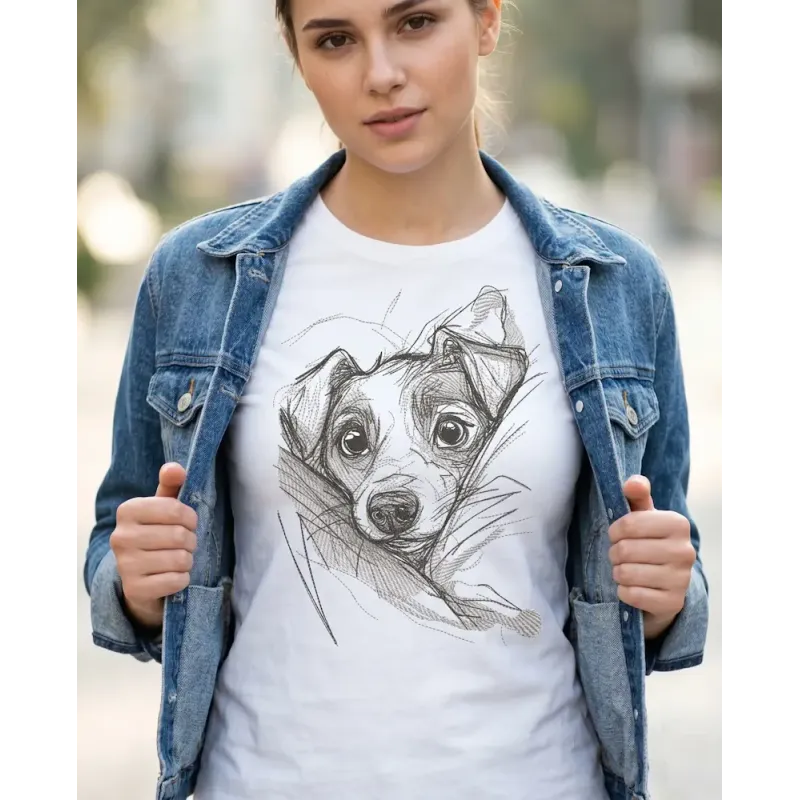 Puppy in the bosom embroidery design preview showing cute dog stitching pattern