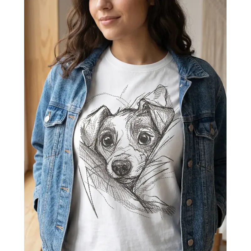 Puppy in the bosom embroidery design preview showing a cute dog motif