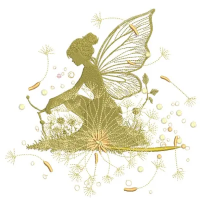 Dandelion fairy embroidery design featuring a whimsical fairy surrounded by delicate dandelion flowers.