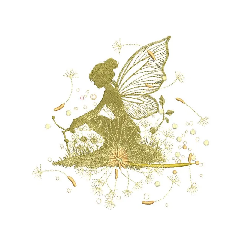 Dandelion fairy embroidery design featuring a whimsical fairy surrounded by delicate dandelion flowers.