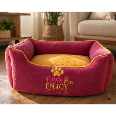 Paws & Enjoy The Good Life embroidery design mockup showing stitched lettering with paw print motif