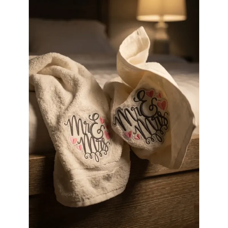 Mr & Mrs embroidery design stitched on white fabric showing romantic lettering pattern