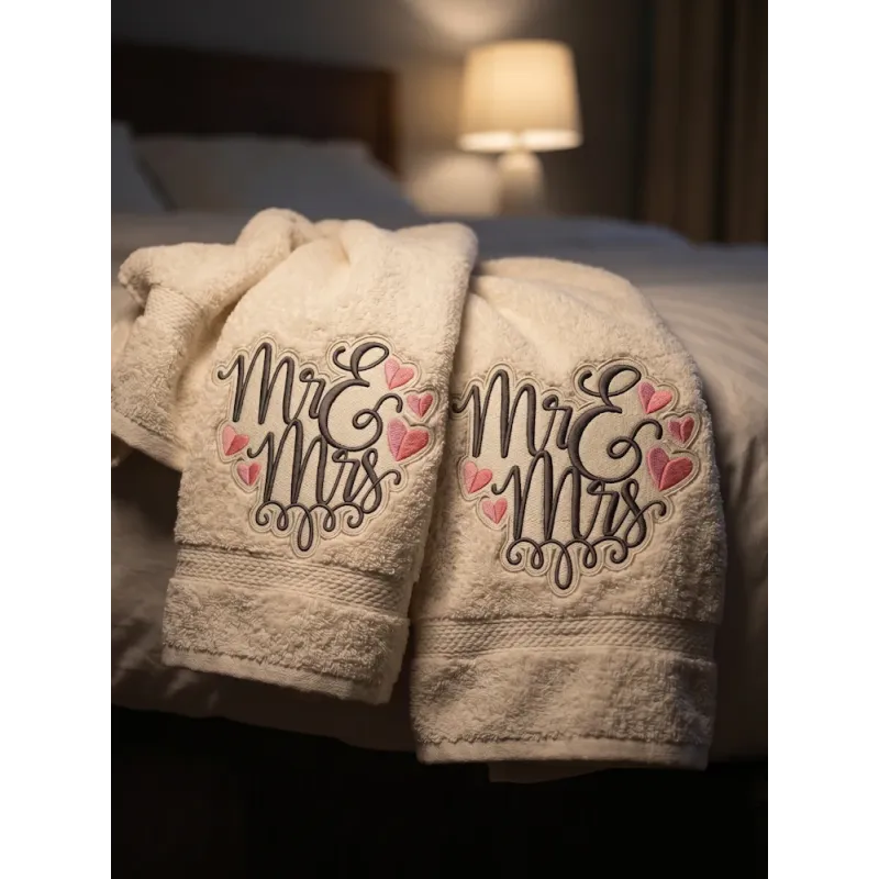 Mr & Mrs embroidery design featuring romantic lettering for stitching on wedding projects