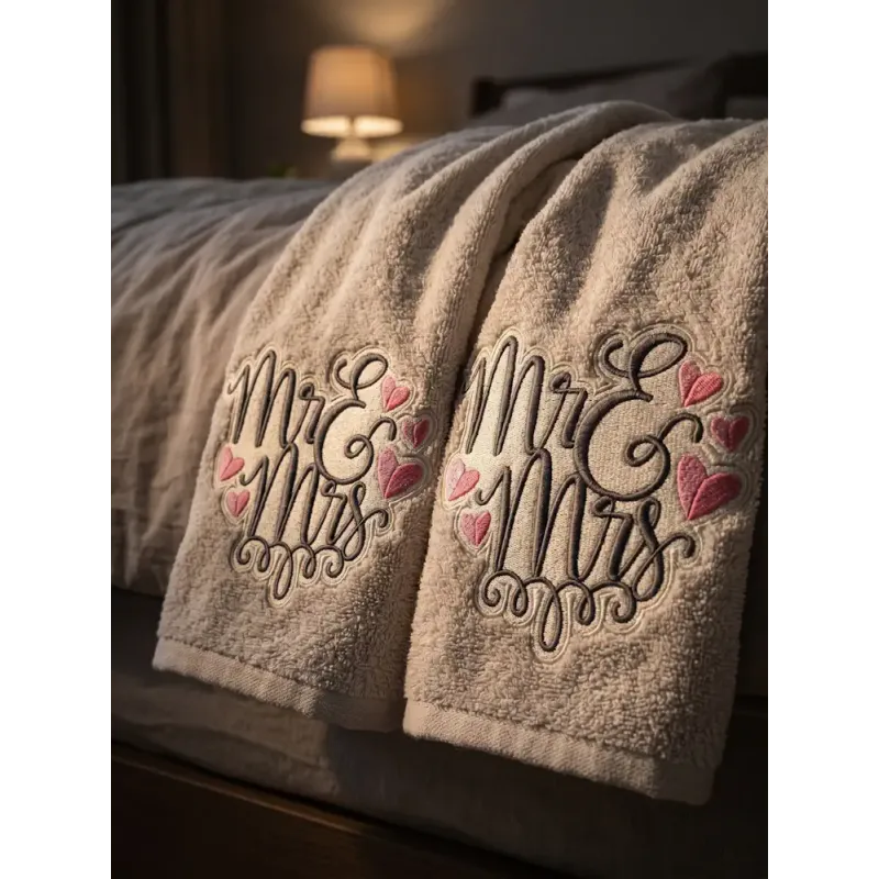 Mr & Mrs embroidery design preview showing romantic text stitching pattern