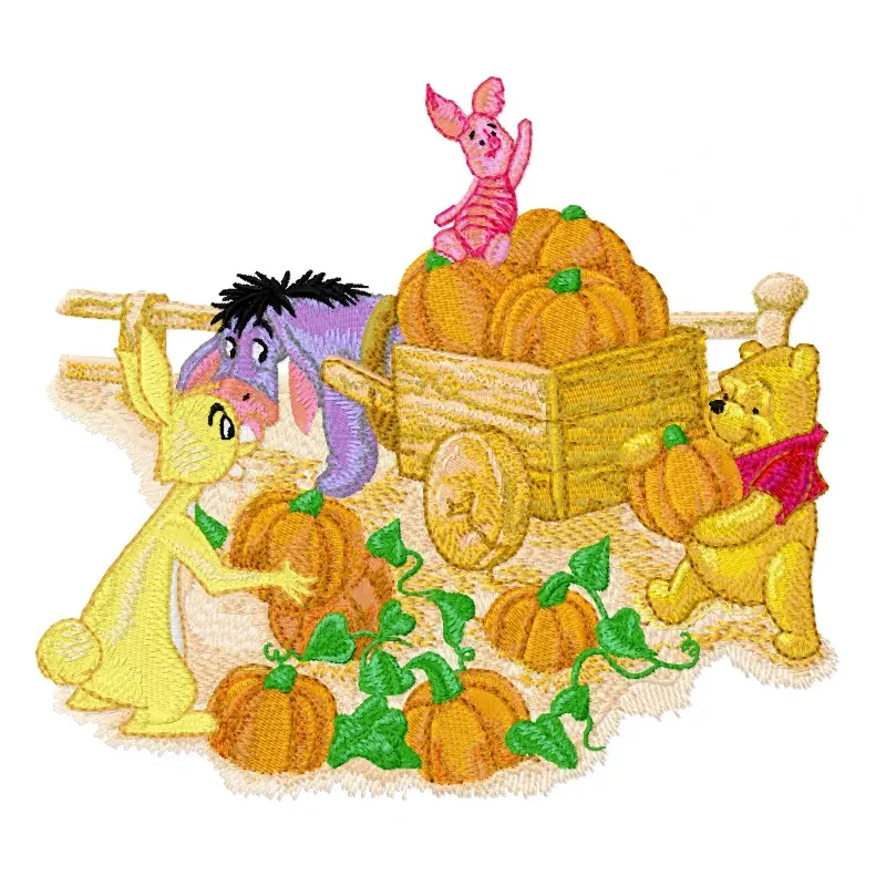 Winnie Pooh and friends embroidery design featuring Tigger, Eeyore, Piglet, and Heffalump for creative projects