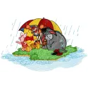 Winnie Pooh and friends under rain embroidery design featuring Tigger, Eeyore, Piglet, and Heffalump