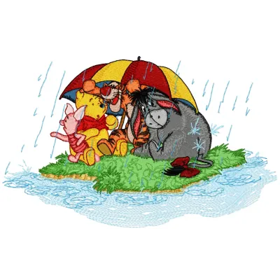 Winnie Pooh and friends under rain embroidery design featuring Tigger, Eeyore, Piglet, and Heffalump