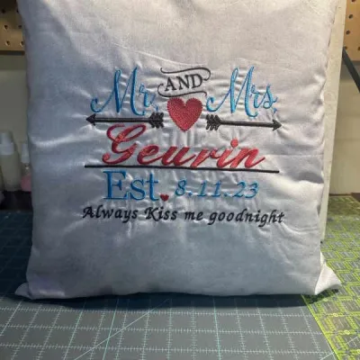 MR & MRS Arrows Wedding est embroidery design mockup showing stitched pattern detail