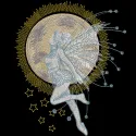 Embroidery design of a fairy floating in the night sky, surrounded by stars and a crescent moon.