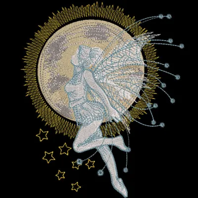 Embroidery design of a fairy floating in the night sky, surrounded by stars and a crescent moon.