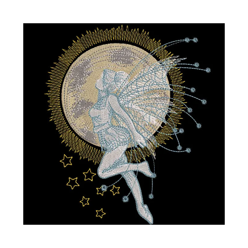 Embroidery design of a fairy floating in the night sky, surrounded by stars and a crescent moon.
