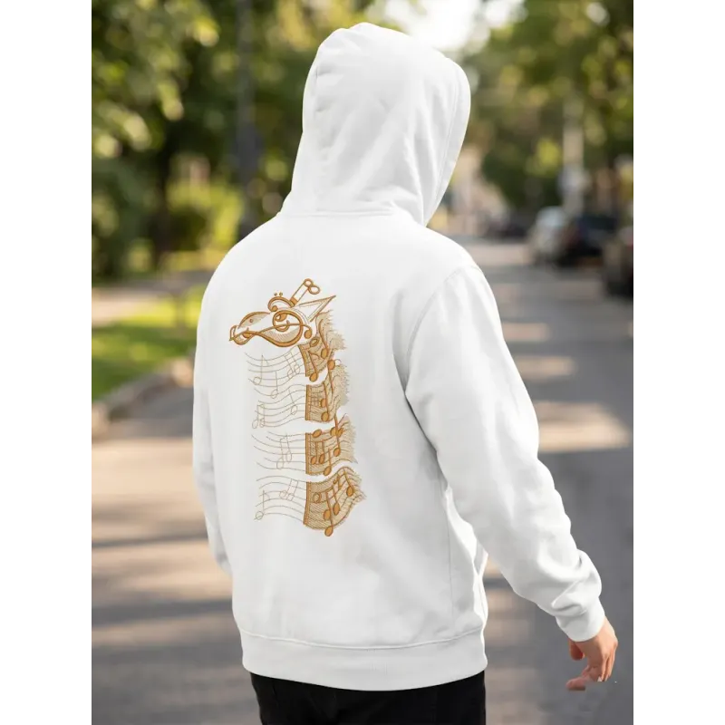 Music giraffe embroidery design featuring a giraffe with musical notes and instruments