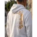 Music giraffe embroidery design closeup showing stitched details and colorful thread work