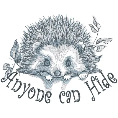 Hedgehog anyone can hide embroidery design featuring a cute hedgehog nestled among leaves.