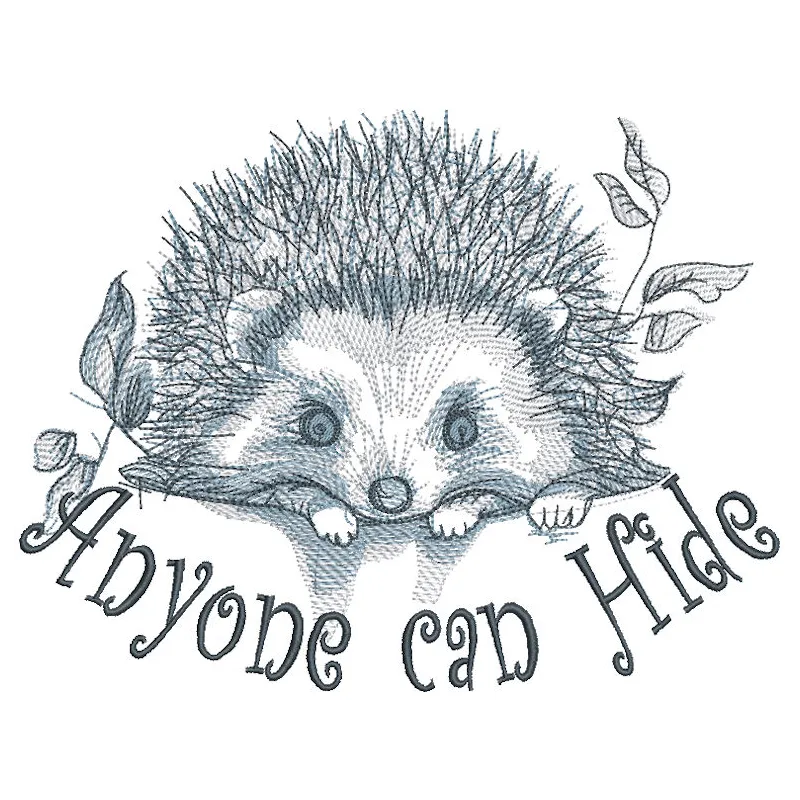 Hedgehog anyone can hide embroidery design featuring a cute hedgehog nestled among leaves.