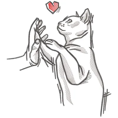 Embroidery design showcasing the friendship between a cat and human, capturing their bond in vibrant stitches.