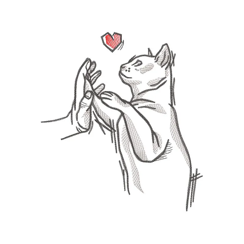Embroidery design showcasing the friendship between a cat and human, capturing their bond in vibrant stitches.