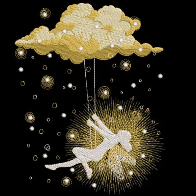Fairy swing on a cloud embroidery design featuring a delicate fairy suspended above a fluffy white cloud.