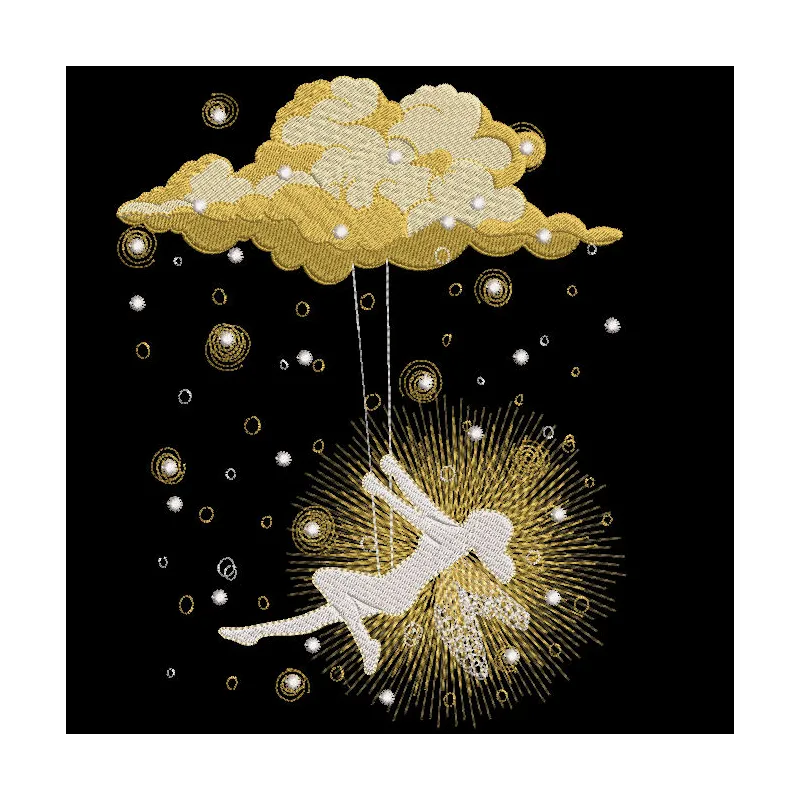 Fairy swing on a cloud embroidery design featuring a delicate fairy suspended above a fluffy white cloud.