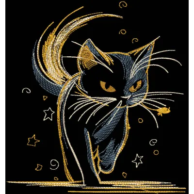 Golden kitten going to the night embroidery design