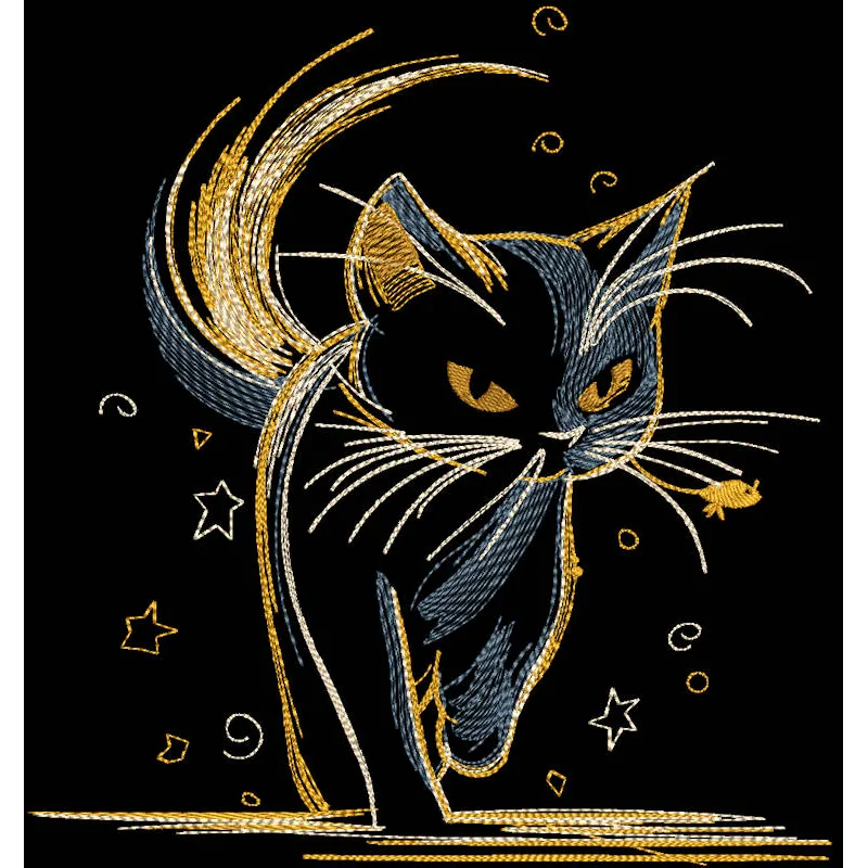 Golden kitten going to the night embroidery design