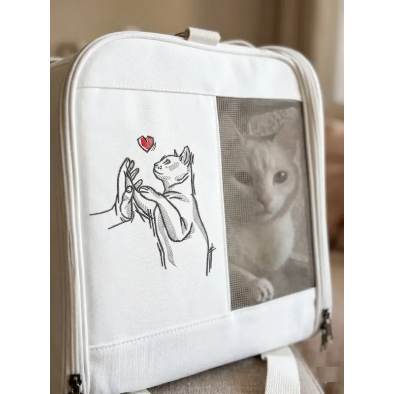 Friendship between cat and human embroidery design showing detailed stitching pattern
