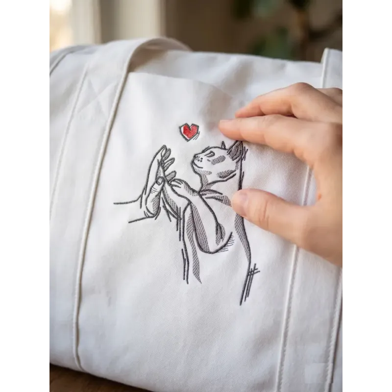 Friendship between cat and human embroidery design showing a cat and person together