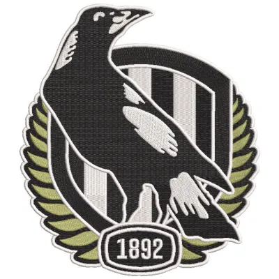 AFL Collingwood Logo embroidery design featuring the iconic black and white emblem on fabric.