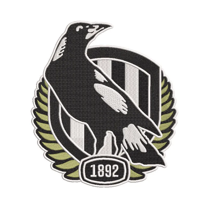 AFL Collingwood Logo embroidery design featuring the iconic black and white emblem on fabric.